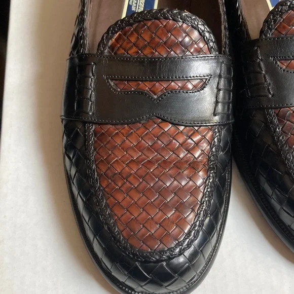 VTG Bragano Cole Haan Men's Black Brown Woven Leather Penny Loafers Italy Sz 11 - Picture 4 of 16